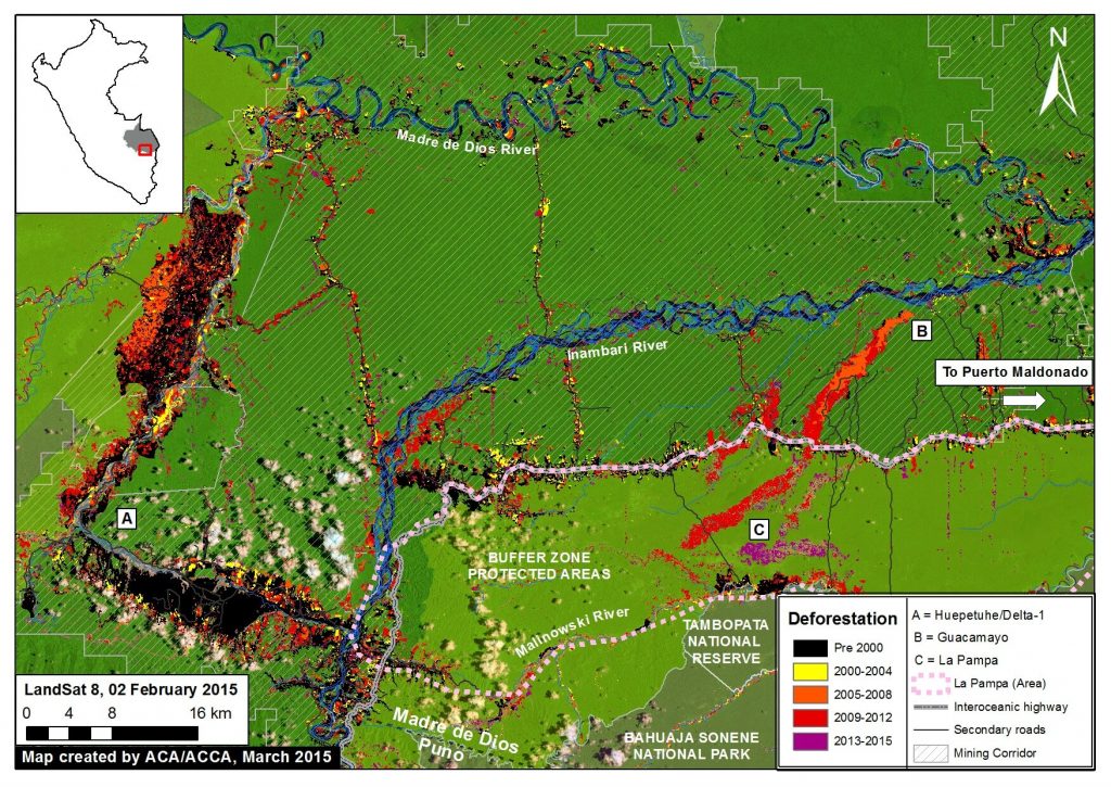 Image of the Week 1a. Deforestation in the mining corridor of Madre de Dios in the southern Peruvian Amazon from 2000 – 2015. Key data sources: MINAM, SERNANP, ACCA, Hansen/UMD/Google/USGS/NASA, USGS