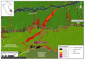 Image 1b. Zoom view of La Pampa mining zone within the buffer zone of the Tambopata National Reserve. Key data sources: MINAM, SERNANP, Hansen/UMD/Google/USGS/NASA, ACCA, USGS