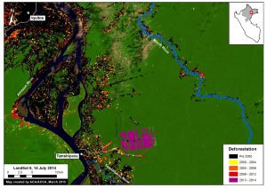 Image of the Week 2a. Rapid clearing for large-scale agriculture in Tamshiyacu (Loreto, Peru). Key data sources: MINAM, Hansen/UMD/Google/USGS/NASA, USGS.