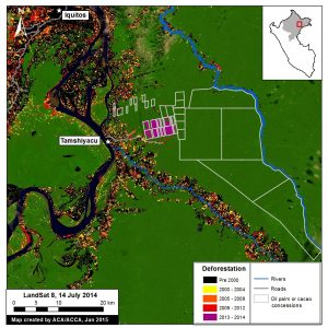 Image 2d. Rapid clearing for large-scale agriculture in Tamshiyacu (Loreto, Peru). Key sources: MINAM, Hansen/UMD/Google/USGS/NASA, GOREL, USGS.