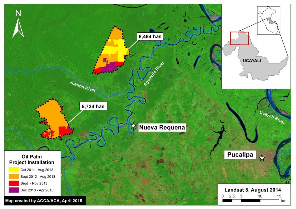 Image of the Week 4a. Two large-scale oil palm projects near Nueva Requena in the central Peruvian Amazon (Department of Ucayali) began in late 2011 and now cover nearly 12,200 ha. Key data sources: USGS.