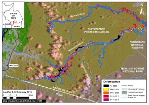 Image of the Week 5a. Expanding deforestation from illegal gold mining along the Upper Malinowski River. Key data sources: MINAM, SERNANP, ACCA, USGS, IBC, Hansen/UMD/Google/USGS/NASA.