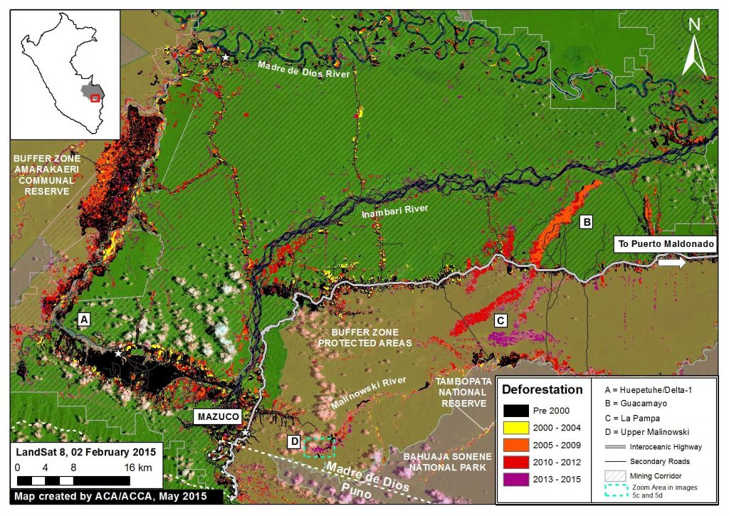 Image 5b. Madre de Dios mining zone, highlighting location of La Pampa and Upper Malinowski. Note that we did not include other land uses such as forestry concessions. Key data sources: MINAM, SERNANP, ACCA, Hansen/UMD/Google/USGS/NASA, USGS.