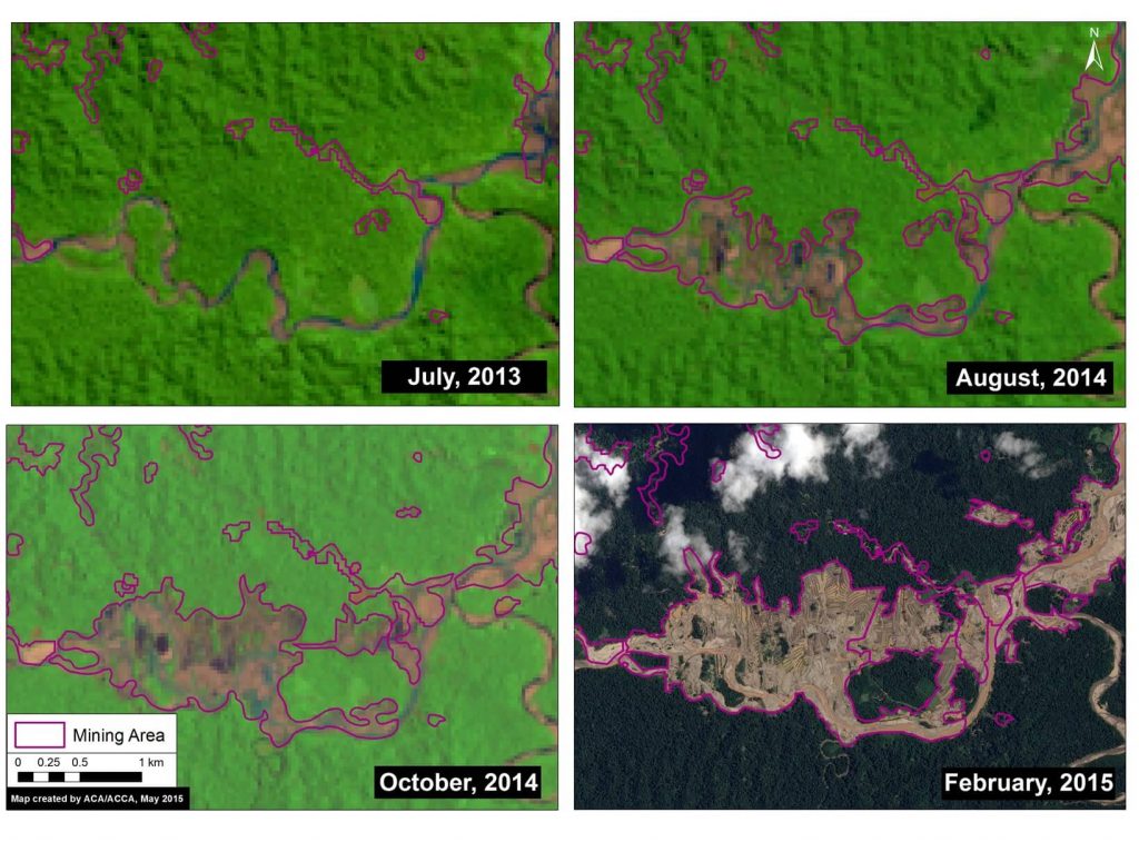 Image 5d. Satellite image time-series (2013 – 2015) of deforestation along the Upper Malinowski. Note that all four panels in Image 5d show the same location. Key data sources: USGS, SPOT 7.