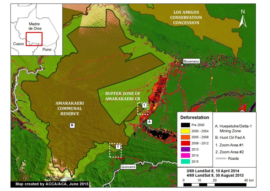 Image of the Week 6a. Deforestation detected within and around the Amarakaeri Communal Reserve and its buffer zone. Zoom Area #1 indicates focal area in Images 6b and 6c, while Zoom Area #2 indicates focal area in Image 6d. Key data sources: MINAM, SERNANP, ACCA, USGS, IBC, Hansen/UMD/Google/USGS/NASA.