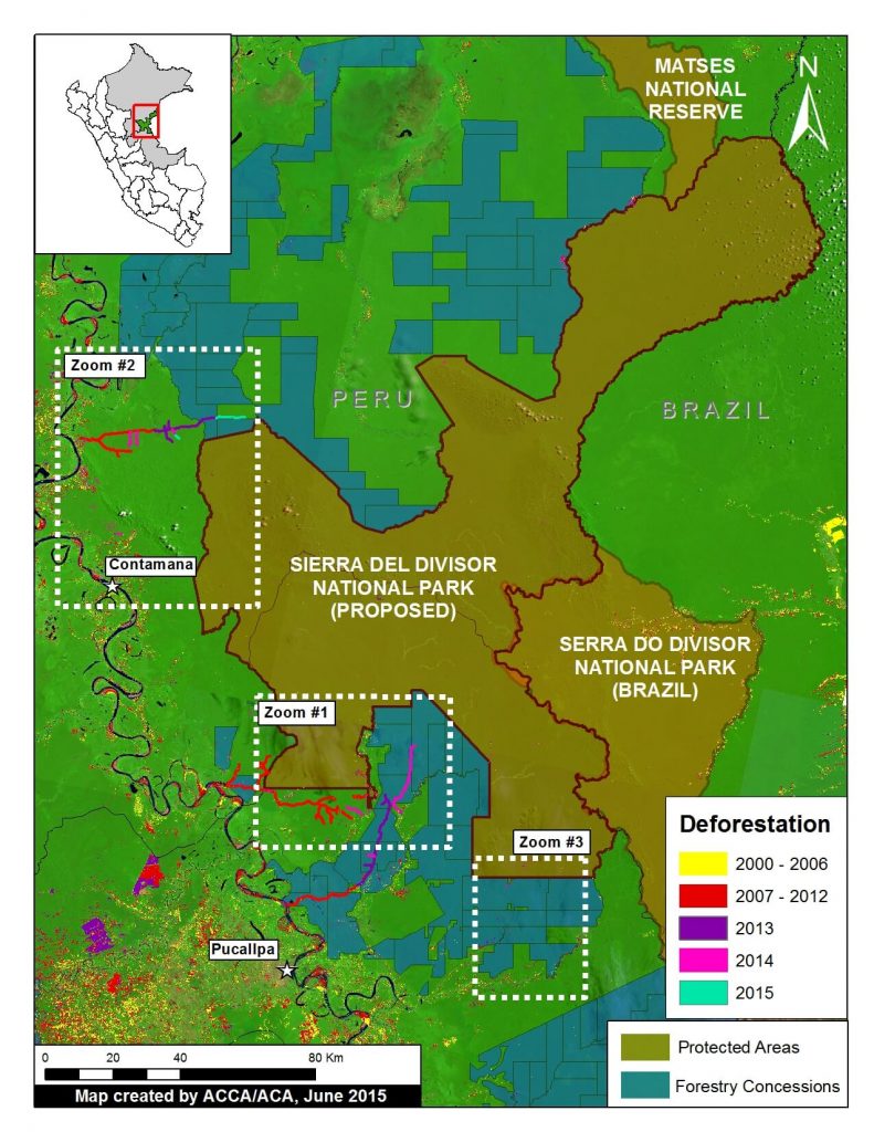 Image of the Week 7a. Deforestation patterns within and around the proposed Sierra del Divisor National Park. Key data sources: MINAM, SERNANP, USGS, IBC, MINAGRI, Hansen/UMD/Google/USGS/NASA.