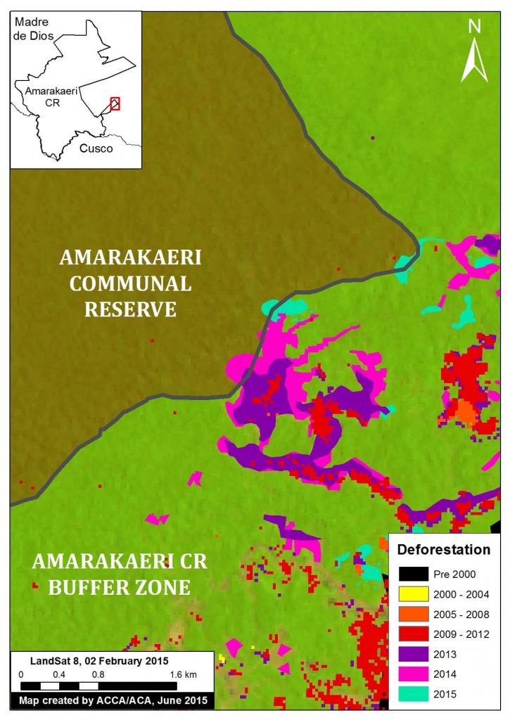 Image 6b. Zoom Area #1 provides an enhanced view of the deforestation within the southeast section of Amarakaeri Communal Reserve and its surrounding buffer zone. Key data sources: MINAM, SERNANP, ACCA, Hansen/UMD/Google/USGS/NASA, USGS.