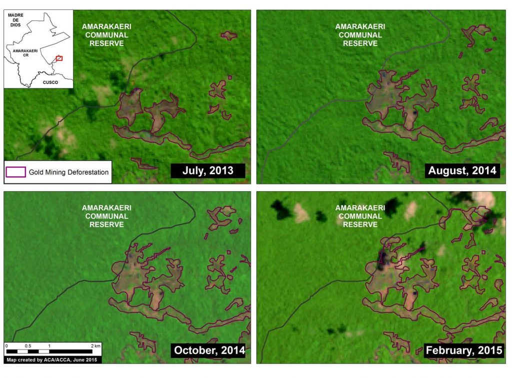 Image 6c. Satellite (Landsat 8) image time-series (2013 – 2015) of deforestation within the southeast section of the Amarakaeri Communal Reserve. Note that all four panels show the same location over time. Key data sources: USGS, SERNANP.