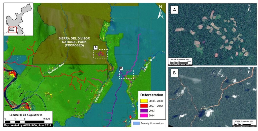 Image 7c. Zoom #1: Enhanced view of the southwestern section of the proposed national park. Panels A and B are high resolution satellite images of the areas indicated on the main map on the left. Key data sources: MINAM, SERNANP, ACCA, Hansen/UMD/Google/USGS/NASA, USGS, SPOT 6.