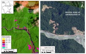 Image 6d. Zoom view of the deforestation within the south-eastern buffer zone of the Amarakaeri Communal Reserve. Left panel shows deforestation results data and right panel shows high resolution SPOT 7 imagery for the area in white dashed lines. Key data sources: MINAM, SERNANP, ACCA, Hansen/UMD/Google/USGS/NASA, USGS, and SPOT 7 from Airbus.