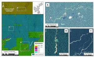 Image 7e. Zoom #3: Enhanced view of the southeastern section of the proposed national park. Panels A, B, and C are high resolution satellite images of the areas indicated on the main map on the left. Key data sources: MINAM, SERNANP, ACCA, Hansen/UMD/Google/USGS/NASA, USGS, and SPOT 6.