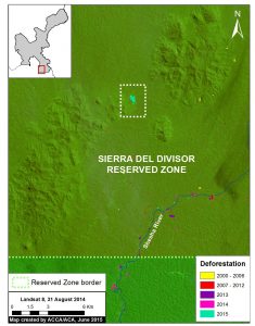 Image 8b. Updated baseline map of the southeast section of the Sierra del Divisor Reserved Zone. Data: MINAM, SERNANP, USGS, IBC, Hansen/UMD/Google/USGS/NASA.