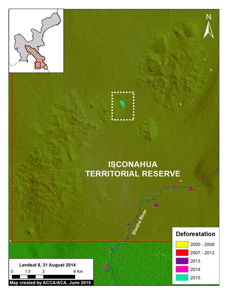 Image 8d. Deforestation within the Territorial Reserve Isconahua. Data: MINAM, SERNANP, USGS, IBC, Hansen/UMD/Google/USGS/NASA.