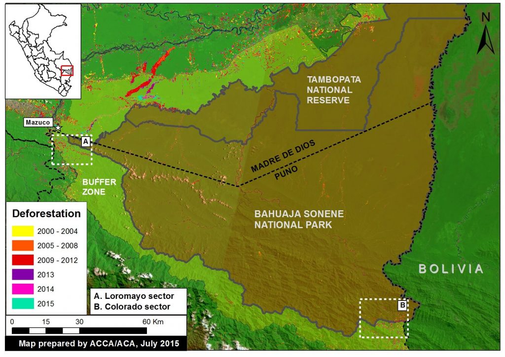 Image 10a. Deforestation detected in and around Bahuaja Sonene National Park and its buffer zone. Please note that Zooms “A” and “B” are described in more detail below. Data: SERNANP, PNCB, USGS.