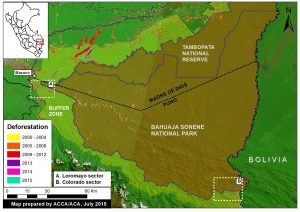 Image 10a. Deforestation detected in and around Bahuaja Sonene National Park and its buffer zone. Please note that Zooms “A” and “B” are described in more detail below. Data: SERNANP, PNCB, USGS.