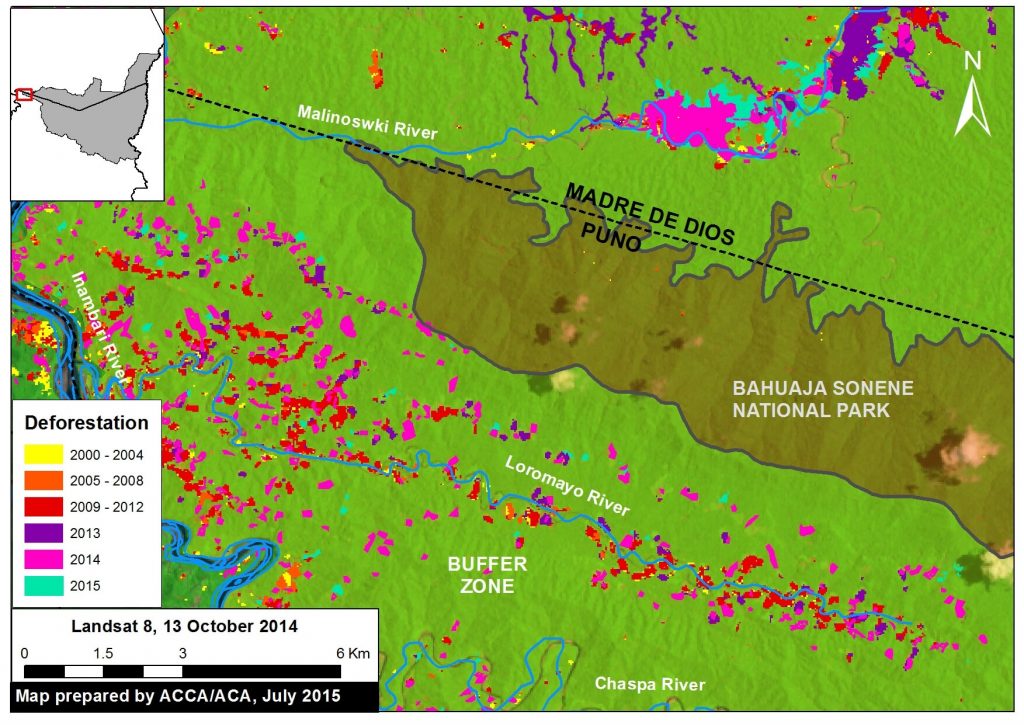 Image 10b. The expansion of deforestation along the Loromayo river in the buffer zone to the west of Bahuaja Sonene National Park. Data: SERNANP, USGS, IBC, PNCB.