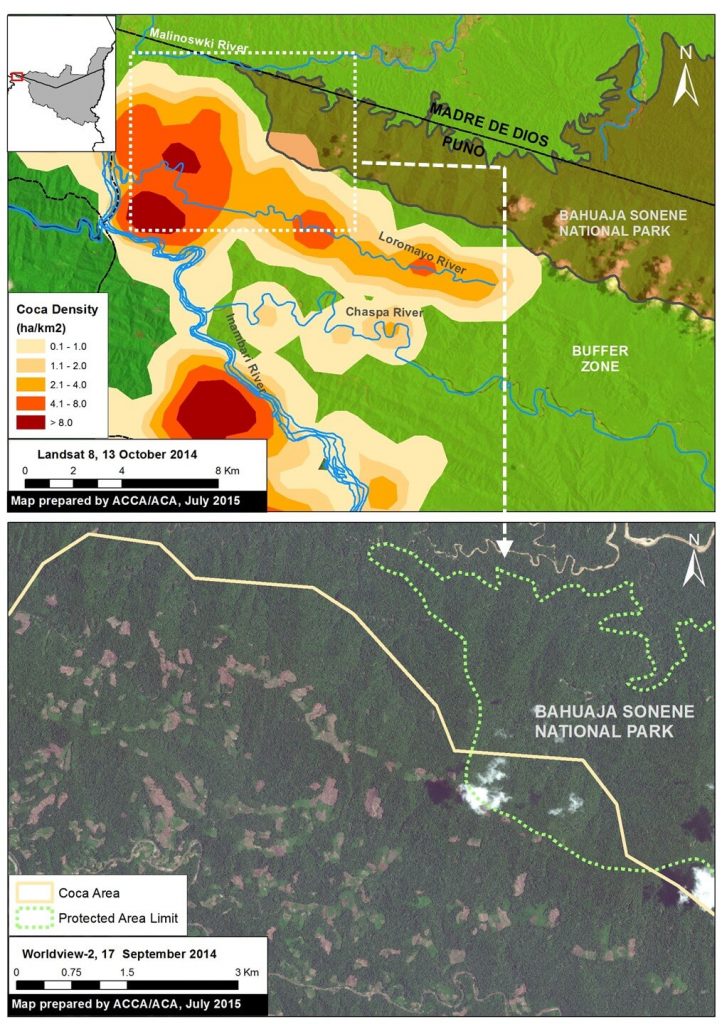 Image 10c. Coca density data (upper panel) in relation to a recent high resolution satellite image of the area (lower panel). Data: UNODC 2014, SERNANP, Worldview-2 from Digital Globe (NextView).