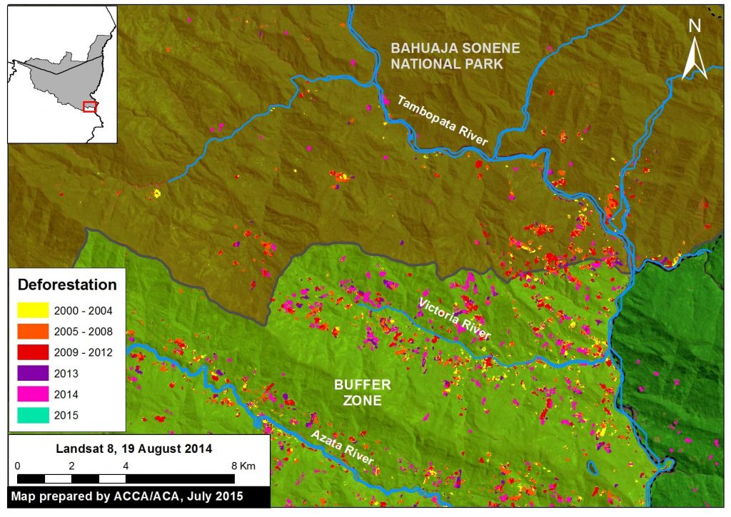 Image 10d. The expansion of deforestation in the Colorado sector of Bahuaja Sonene National Park. Data: SERNANP, USGS, IBC, PNCB.