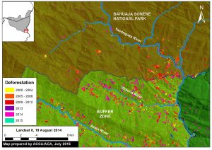 Image 10d. The expansion of deforestation in the Colorado sector of Bahuaja Sonene National Park. Data: SERNANP, USGS, IBC, PNCB.