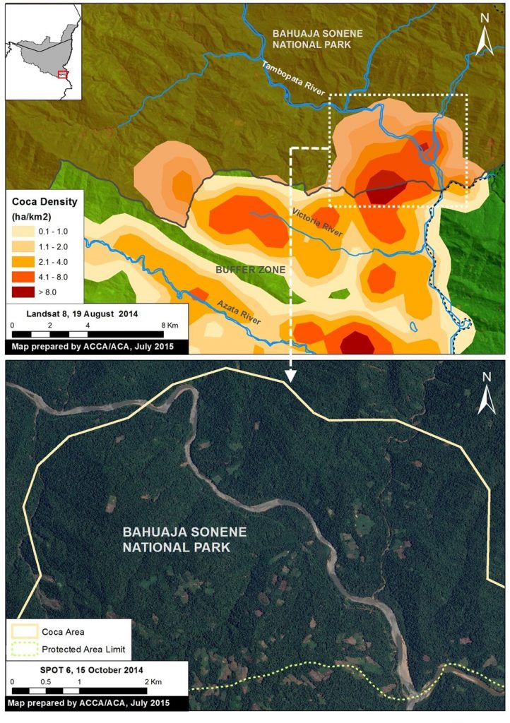 Image 10e. Coca density data (upper panel) in relation to a recent high resolution satellite image of the area (lower panel). Data: UNODC 2014, SERNANP, SPOT6 from Airbus.