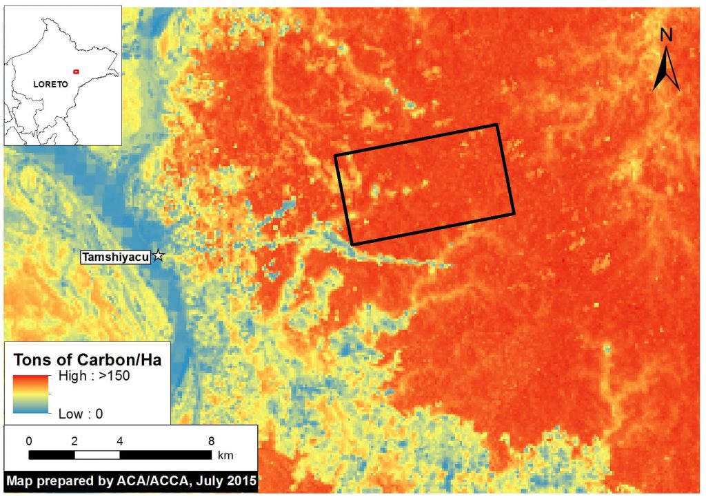 Image 9d. High-resolution carbon map of United Cacao plantation area (indicated by black box) prior to forest clearing. Data: Asner et al (2014) The high-resolution carbon geography of Peru. Berkeley, CA: Minuteman Press.