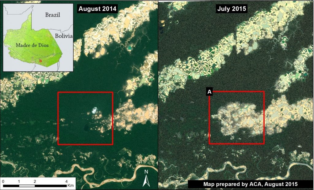 Image 12a. High-resolution images showing the expansion of deforestation by gold mining in La Pampa between August 2014 and July 29, 2015. Data: GeoEye and WorldView2 from Digital Globe (NextView).