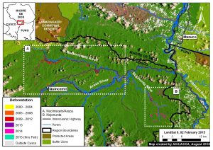 Image 14a. Recent deforestation patterns in northeast Cusco region. Data: PNCB, USGS, SERNANP, IBC.