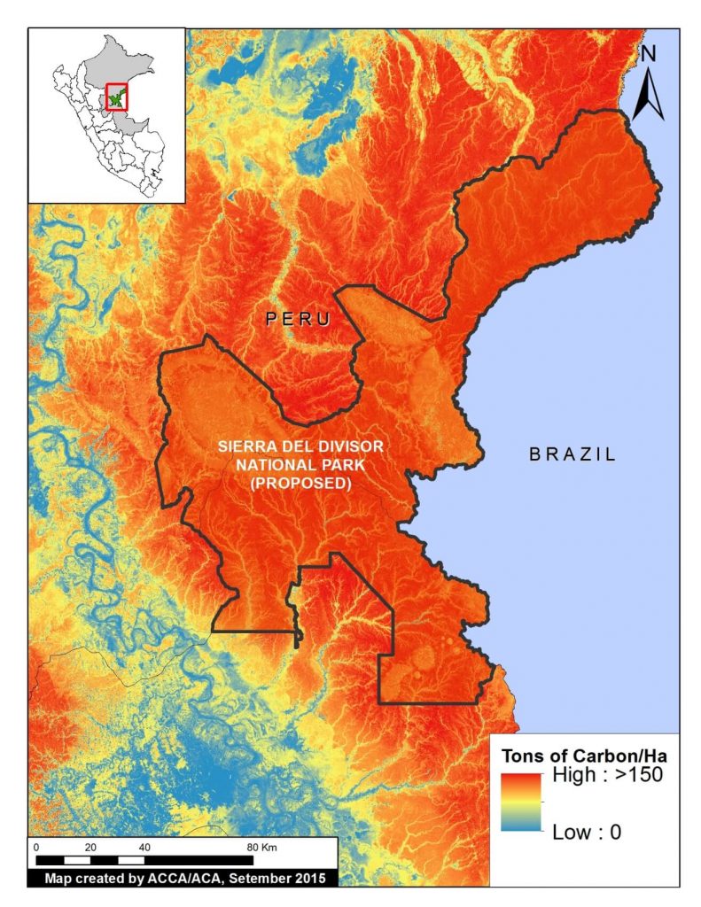 Imagen 15d. High-resolution carbon geography of Sierra del Divisor area. Data: Asner et al. 2014 a,b.