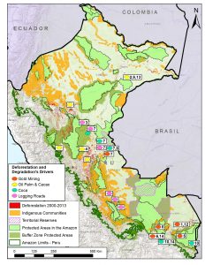 Image S1a. Recent patterns and drivers of deforestation in the Peruvian Amazon. Numbers indicate relevant MAAP article. Data: SERNANP, IBC, MINAM-PNCB/MINAGRI-SERFOR, MAAP.