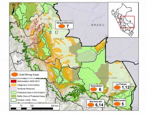 Image S1c. Gold mining deforestation in the Peruvian Amazon. Numbers indicate relevant MAAP article. Data: SERNANP, IBC, MINAM-PNCB/MINAGRI-SERFOR, MAAP.