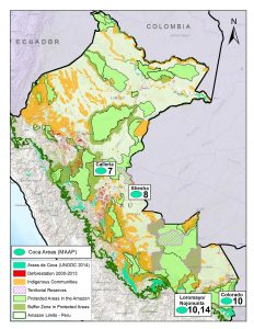 Image S1d. Coca cultivation areas in the Peruvian Amazon. Numbers indicate relevant MAAP article. Data: UNODC 2014, MINAM-PNCB/MINAGRI-SERFOR, SERNANP, NatureServe.