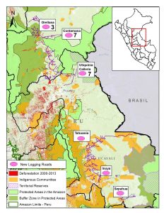 Image S1e. Logging roads in the Peruvian Amazon. Numbers indicate relevant MAAP article. Data: SERNANP, IBC, MINAM-PNCB/MINAGRI-SERFOR, MINAGRI, MAAP.