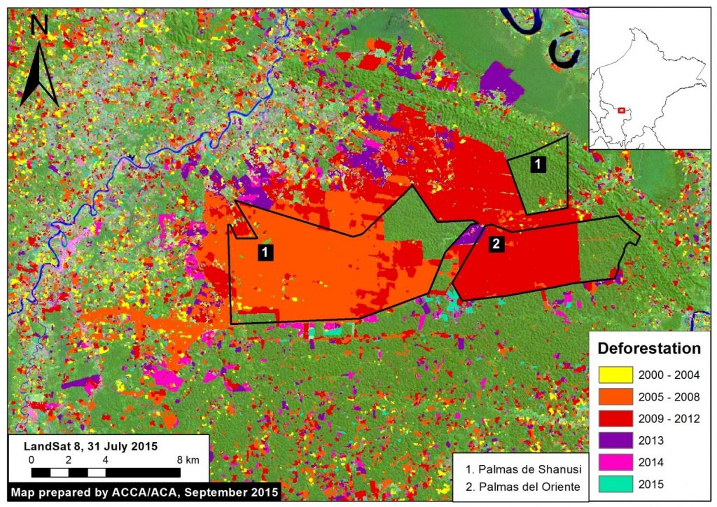 Image 16a. Deforestation within and around the two large-scale oil palm projects Palmas del Shanusi and Oriente. Data: PNCB, USGS, Grupo Palmas.