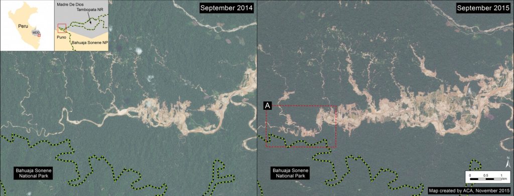 Image 19a. Gold mining deforestation between September 2014 and 2015 along Upper Malinowski. Data: SERNANP, WorldView-2 from Digital Globe (NextView).