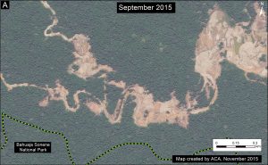 Image 19b. Zoom of gold mining deforestation near the Bahuaja Sonene National Park. Data: SERNANP, WorldView-2 from Digital Globe (NextView).