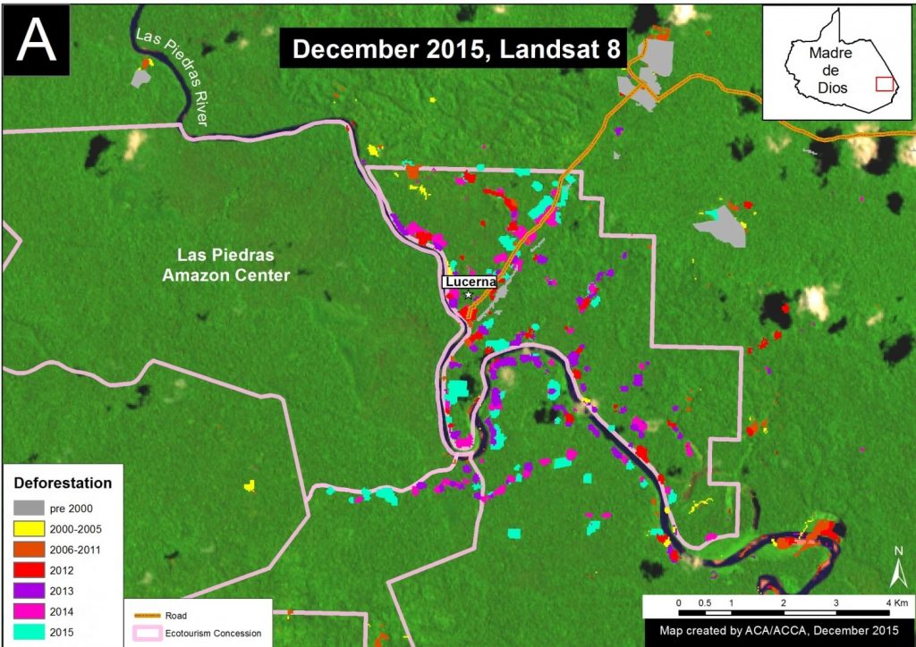 Image 23b. Lower Las Piedras River deforestation analysis. Data: MINAGRI, CLASlite, PNCB/MINAM, Hansen/UMD/Google/USGS/NASA.