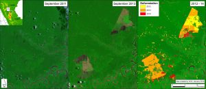 Image 25d. Deforestation for oil palm in central Peru between September 2011 (left panel) and September 2013 (center panel) and cumulative 2012-14 (right panel). Data: USGS, PNCB/MINAM, Hansen/UMD/Google/USGS/NASA