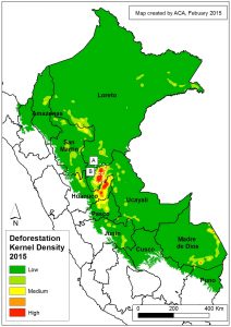 Image 26a. Kernel density map for forest loss in the Peruvian Amazon in 2015. Data: Hansen et al 2016 (ERL). According to the GLAD alert data, total estimated forest loss in Peru in 2015 was 158,658 hectares (392,050 acres). If confirmed, that represents the second highest total on record, behind only 2014 (177,500 hectares). To better understand where the GLAD alert data was concentrated in 2015, we conducted kernel density estimation, a type of analysis that calculates the magnitude per unit area of a particular phenomenon (in this case, forest loss). Image 26a shows the kernel density map for forest loss in the Peruvian Amazon in 2015. It reveals that recent deforestation was concentrated in a number of hotspots in the departments of Huánuco, Madre de Dios, and Ucayali. Note that in MAAP #25, we conducted this same type of analysis for 2012 – 2014 forest loss data. Thus, with this latest analysis we can see how deforestation trends shifted in 2015. Insets A and B highlight an area in central Peru (department of Ucayali) where deforestation intensified in 2015. See below for high-resolution images showing the deforestation in these areas. In the coming weeks and months, we will be publishing additional articles highlighting other key 2015 deforestation hotspots.