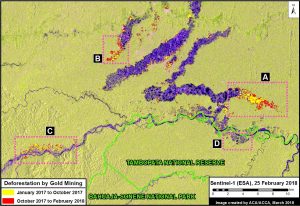 Image 79b. Gold mining deforestation, determined from Sentinel-1 images (VV / VH polarization). Data: ESA, SERNANP