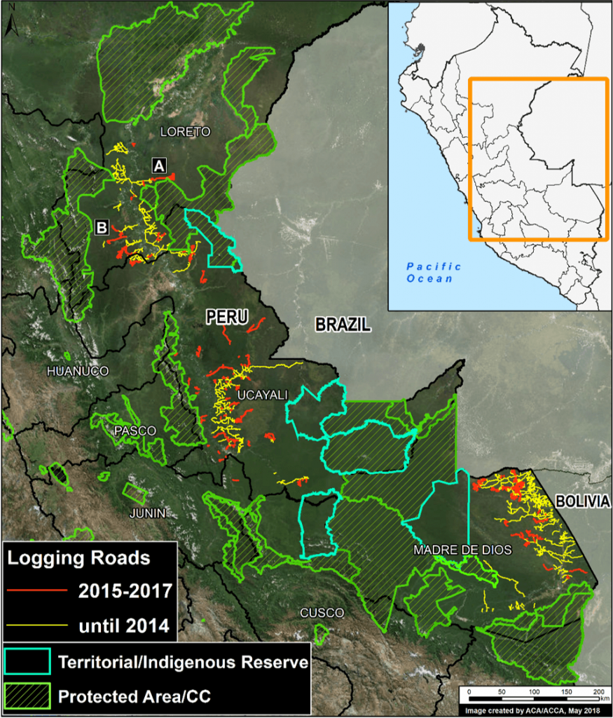 Base Map. Logging roads in the Peruvian Amazon. Data: MAAP, SERNANP, IBC. Click to enlarge.