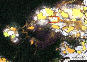 PeruSAT-1 image of active gold mining. Data: ®CONIDA (2018), Distribution CONIDA, Peru; All rights reserved.