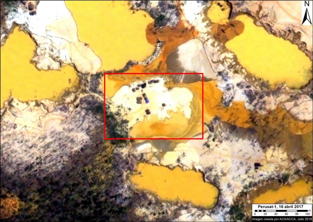 PeruSAT-1 image (zoom) of active gold mining. Data: ®CONIDA (2018), Distribution CONIDA, Peru; All rights reserved.