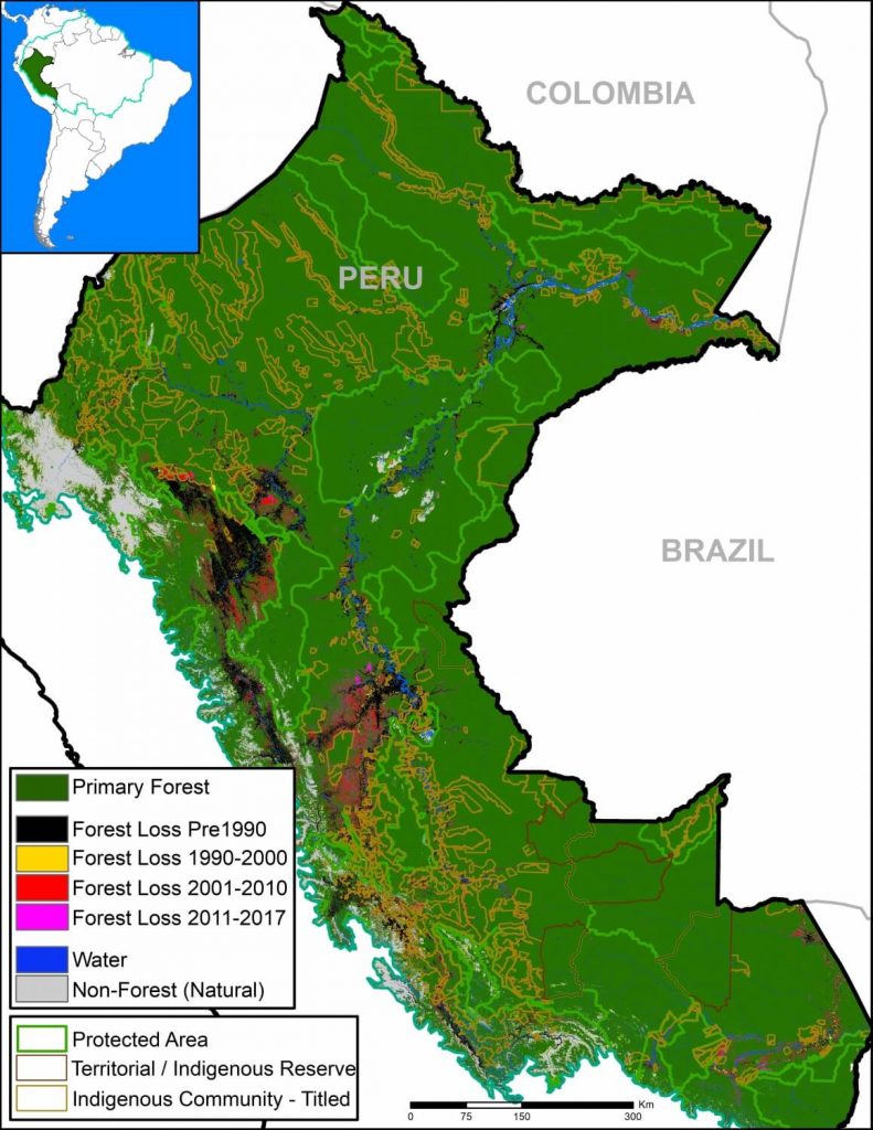 Base Map plus protected areas and indigenous communities. Data: SERNANP, IBC, Hansen/UMD/Google/USGS/NASA, PNCB/MINAM, GLCF/UMD, RAISG, Ministerio de Cultura.