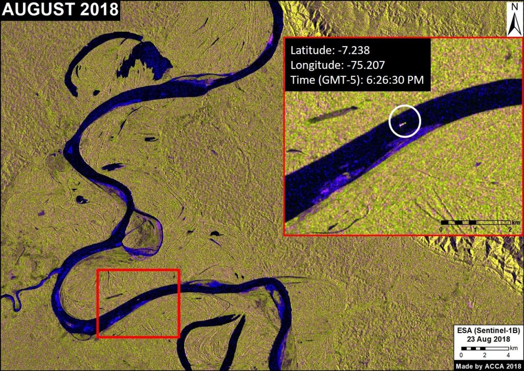 Image 15. Detecting timber transport boats. Data: ESA (Sentinel-1B)