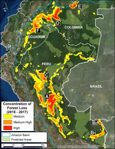 Image 2: Deforestation hotspots 2015-2017. Data: Hansen/UMD/Google/USGS/NASA.