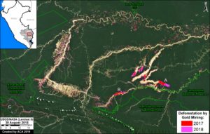 Base Map. Gold mining deforestation in southern Peruvian Amazon. Data- USGS/NASA, MAAP, SERNANP