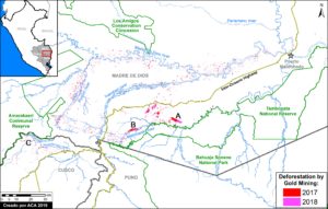 Reference Map. Gold mining deforestation in southern Peruvian Amazon. Data- MAAP, SERNANP