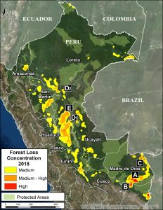 Base Map. 2018 Deforestation Hotspots. Data: PNCB/MINAM, SERNANP