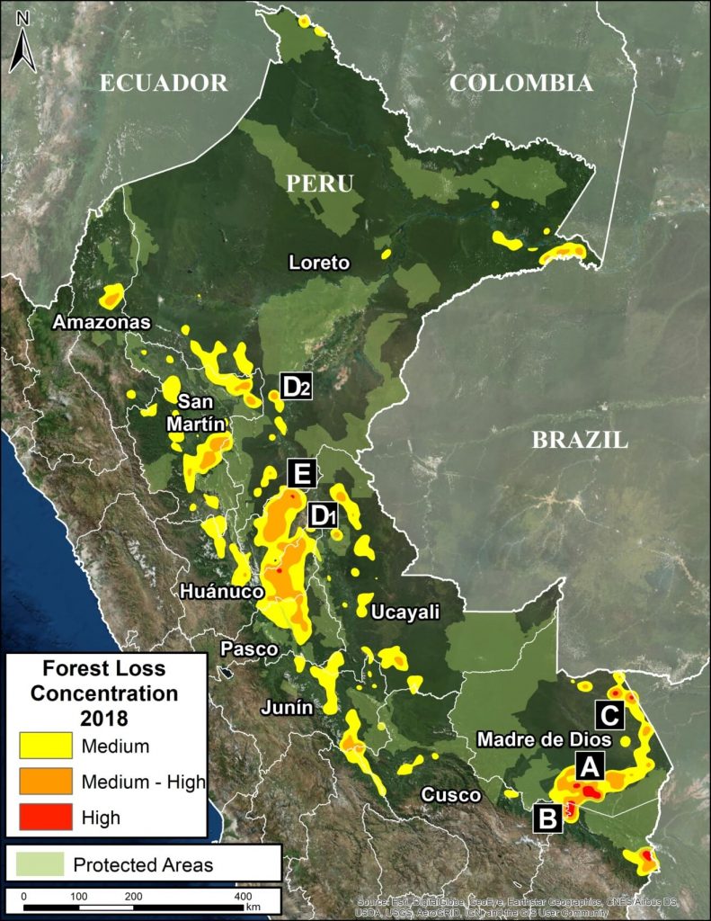 Base Map. 2018 Deforestation Hotspots. Data: PNCB/MINAM, SERNANP