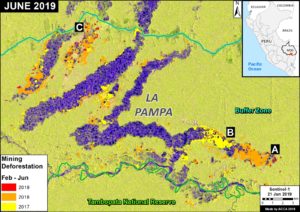 Base Map. Illegal gold mining deforestation in La Pampa. Data- ACCA, MAAP, SERNANP